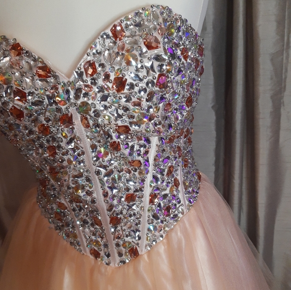 Bejeweled peach sweetheart short full skirt prom / party dress Goya London 10-12 - Picture 4 of 16